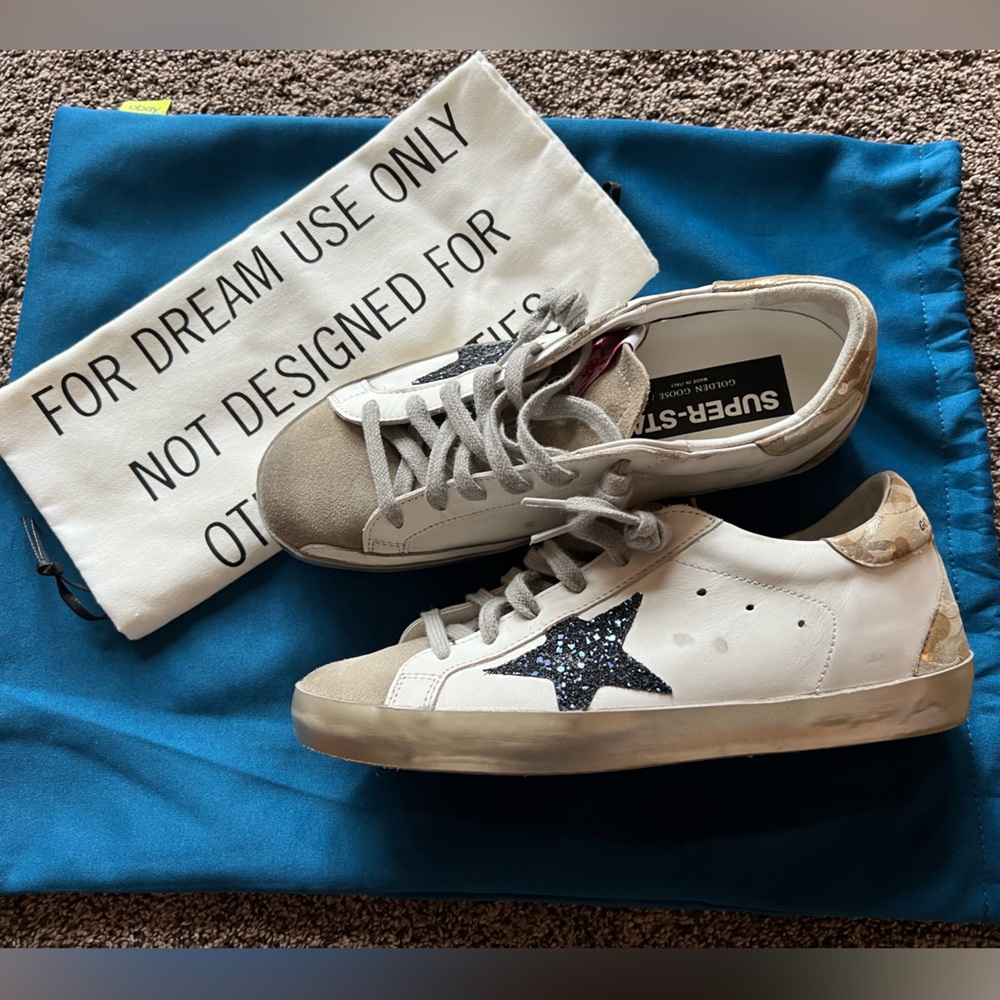 Golden Goose Super-Star White Gold Camo Blue Glitter Sneakers Size 8 38 Worn 5x - Picture 4 of 7